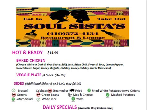 Soul sista's restaurant & lounge menu Sista's with Soul ($$) Soul Food Distance: 0